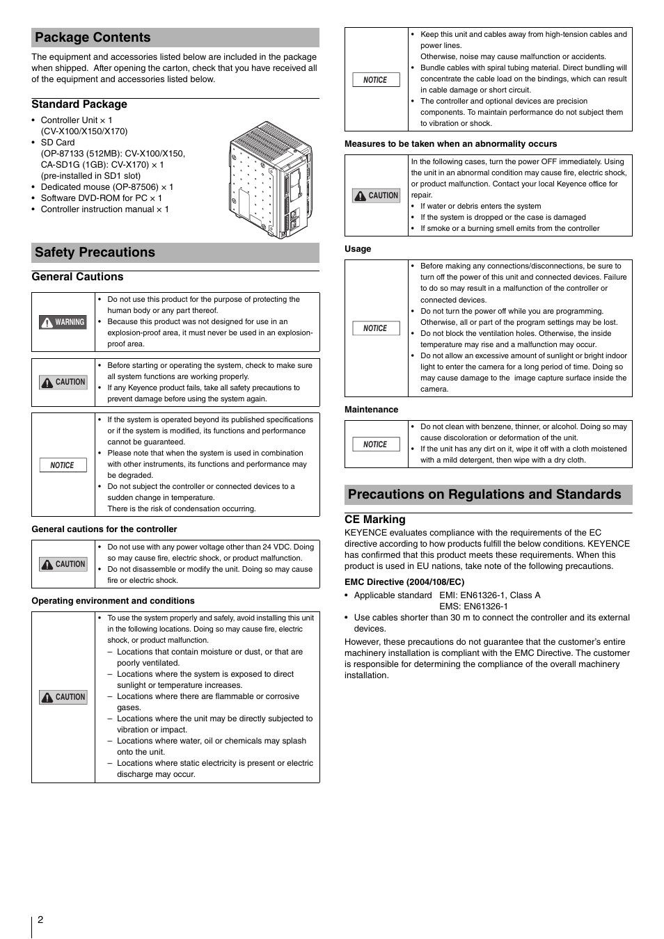 Package contents, Standard package, Safety precautions | General cautions, Precautions on regulations and standards, Ce marking, Package contents safety precautions | KEYENCE CV-X100 Series User Manual | Page 2 / 8