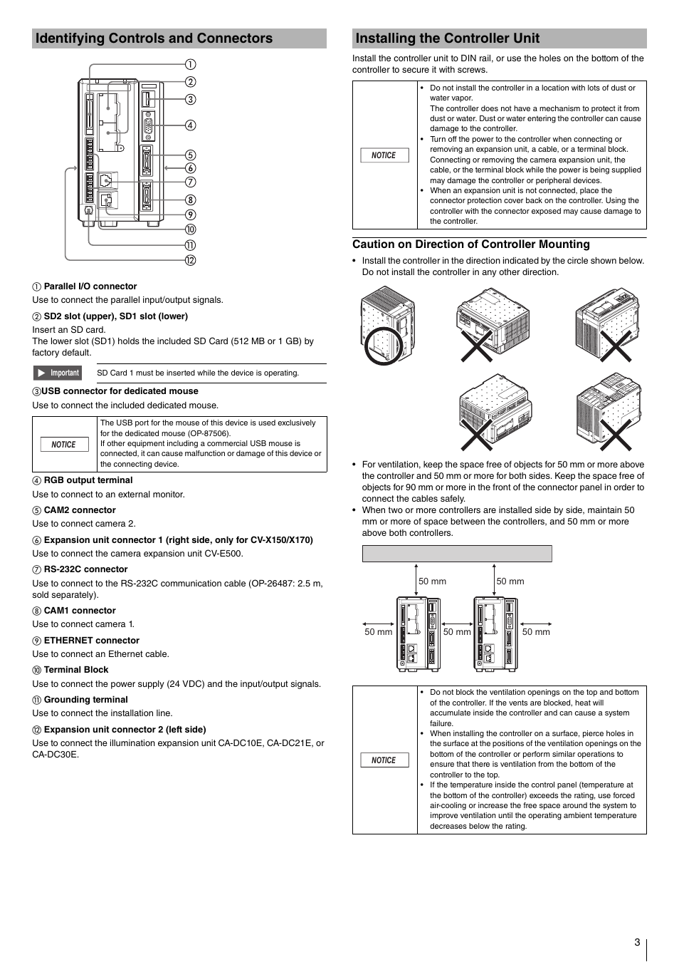 Identifying controls and connectors, Installing the controller unit, Caution on direction of controller mounting | KEYENCE CV-X100 Series User Manual | Page 3 / 8