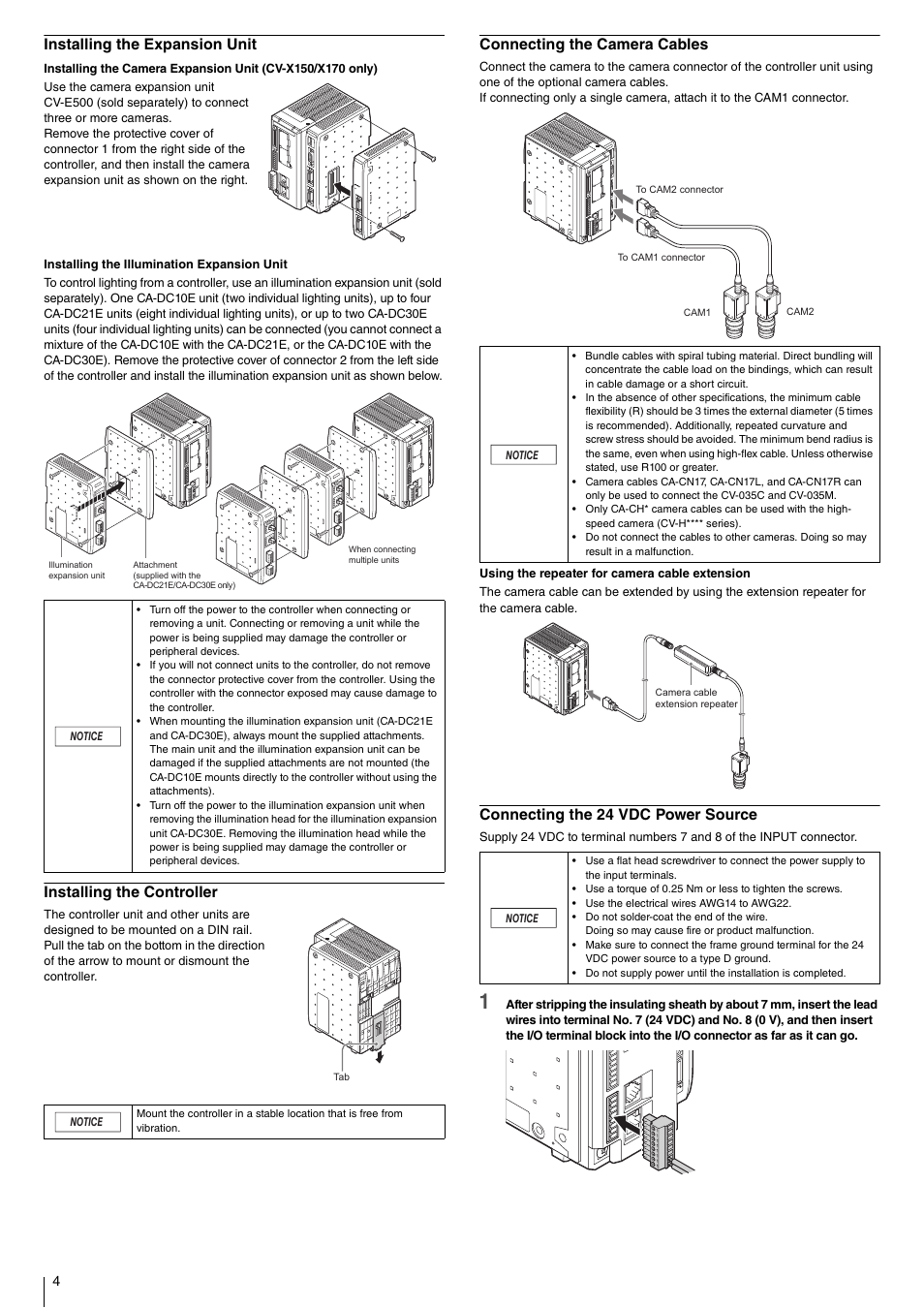 Installing the expansion unit, Installing the controller, Connecting the camera cables | Connecting the 24 vdc power source | KEYENCE CV-X100 Series User Manual | Page 4 / 8