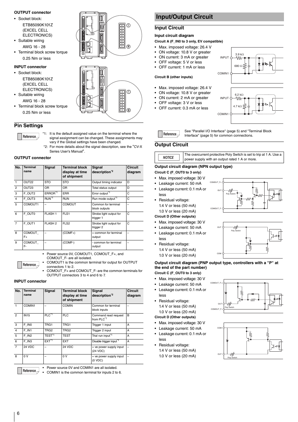 Pin settings, Input/output circuit, Input circuit | Output circuit | KEYENCE CV-X100 Series User Manual | Page 6 / 8