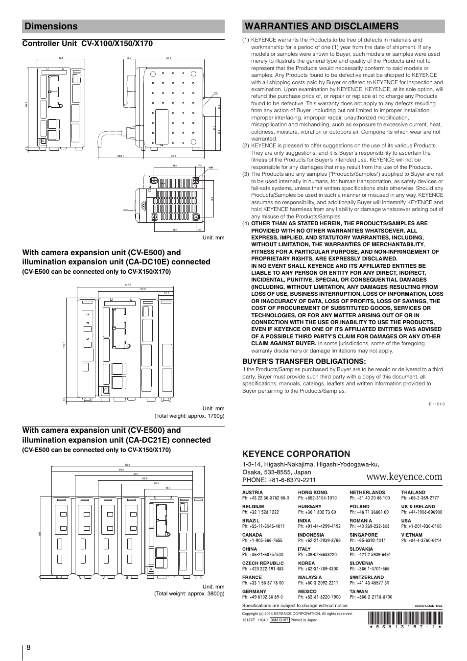 Dimensions, Controller unit cv-x100/x150/x170, Warranties and disclaimers | Buyer's transfer obligations | KEYENCE CV-X100 Series User Manual | Page 8 / 8