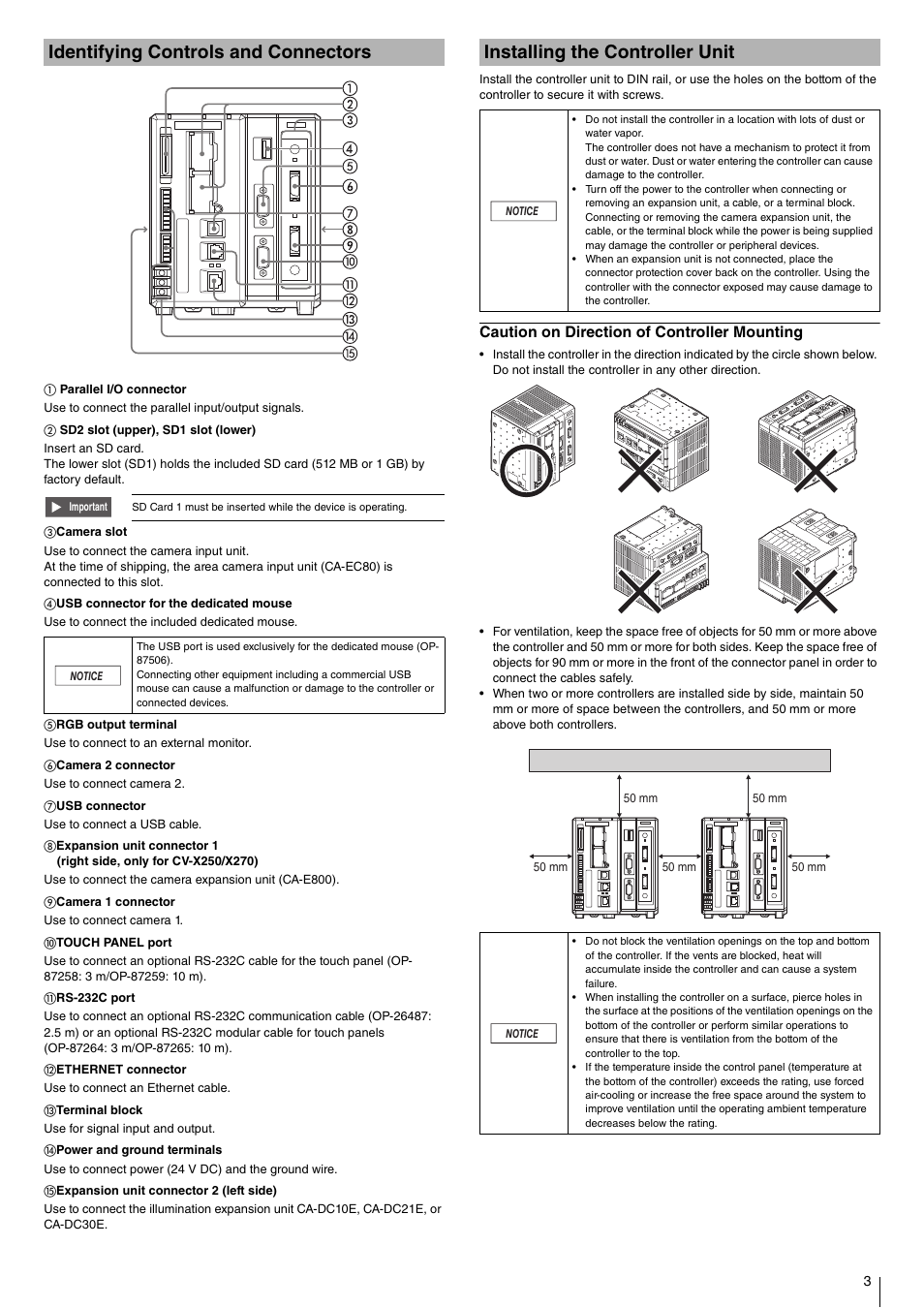 Identifying controls and connectors, Installing the controller unit, Caution on direction of controller mounting | KEYENCE CV-X200 Series User Manual | Page 3 / 8