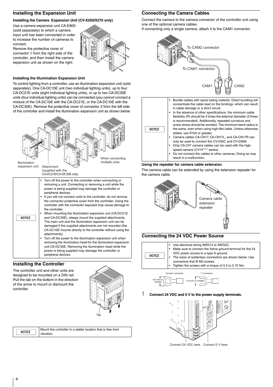 Installing the expansion unit, Installing the controller, Connecting the camera cables | Connecting the 24 vdc power source | KEYENCE CV-X200 Series User Manual | Page 4 / 8