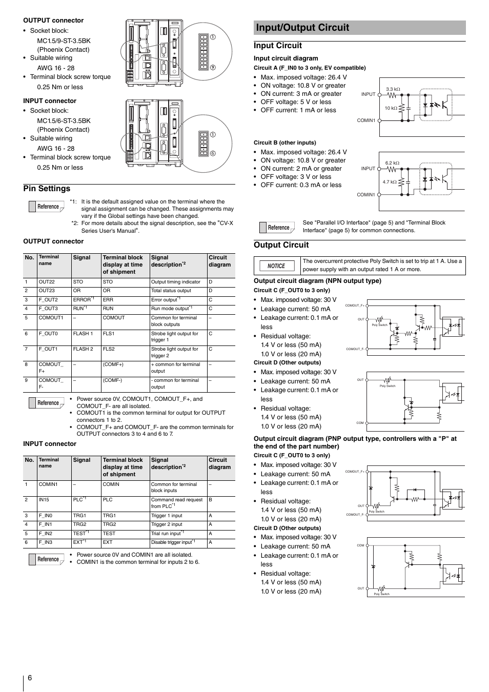 Pin settings, Input/output circuit, Input circuit | Output circuit | KEYENCE CV-X200 Series User Manual | Page 6 / 8