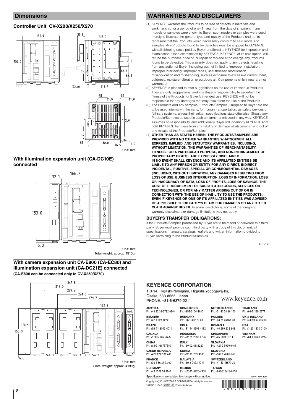 Dimensions, Controller unit cv-x200/x250/x270, Warranties and disclaimers | Dimensions warranties and disclaimers | KEYENCE CV-X200 Series User Manual | Page 8 / 8