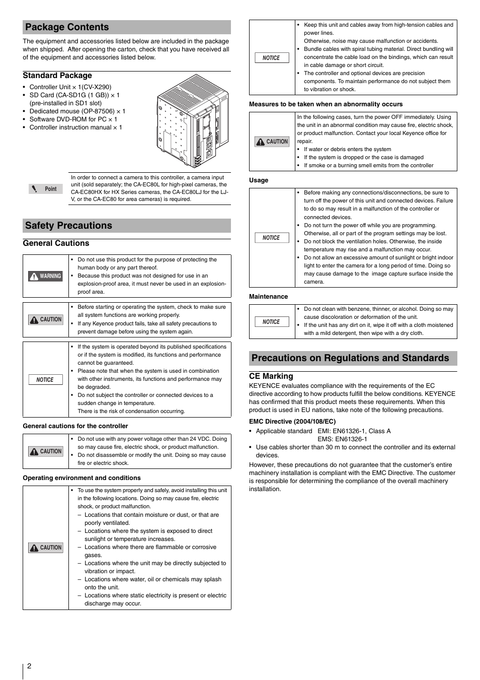 Package contents, Standard package, Safety precautions | General cautions, Precautions on regulations and standards, Ce marking | KEYENCE CV-X290 User Manual | Page 2 / 8