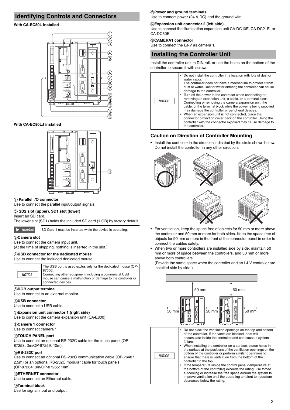 Identifying controls and connectors, Installing the controller unit, Caution on direction of controller mounting | KEYENCE CV-X290 User Manual | Page 3 / 8