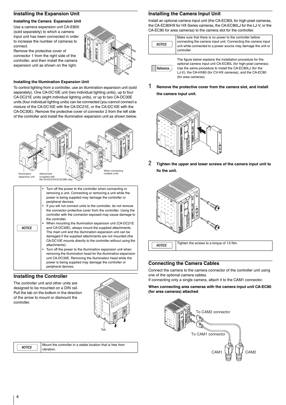 Installing the expansion unit, Installing the controller, Installing the camera input unit | Connecting the camera cables | KEYENCE CV-X290 User Manual | Page 4 / 8