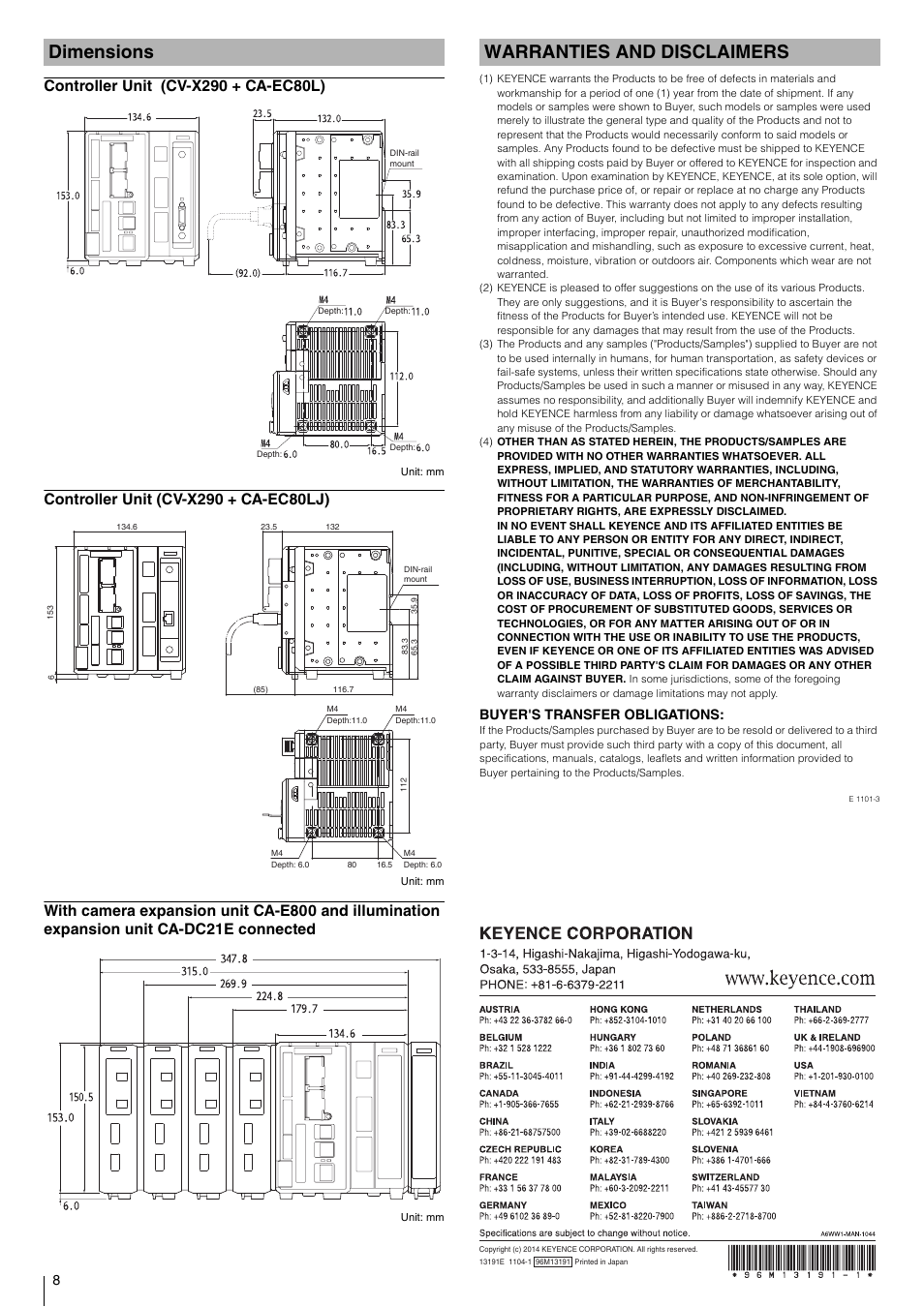 Dimensions, Controller unit (cv-x290 + ca-ec80l), Controller unit (cv-x290 + ca-ec80lj) | Warranties and disclaimers, Buyer's transfer obligations | KEYENCE CV-X290 User Manual | Page 8 / 8