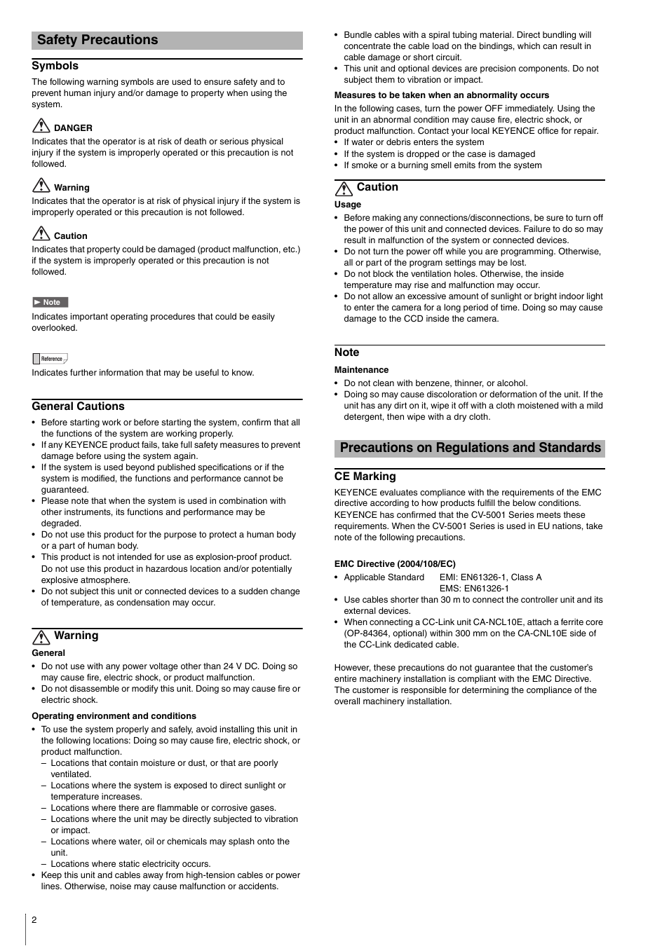 Safety precautions, Symbols, General cautions | Warning, Caution, Note, Precautions on regulations and standards, Ce marking | KEYENCE CV-5001 Series User Manual | Page 2 / 8