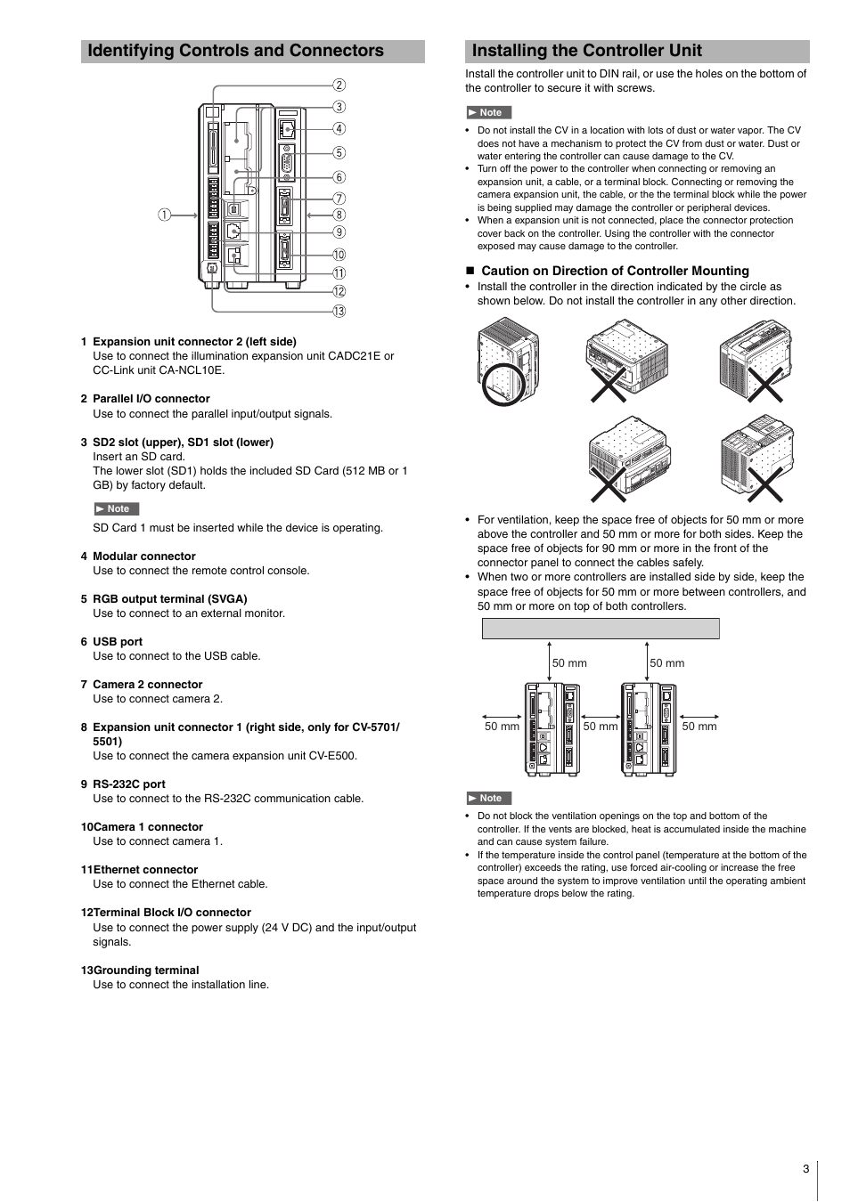 Identifying controls and connectors, Installing the controller unit, Caution on direction of controller mounting | KEYENCE CV-5001 Series User Manual | Page 3 / 8