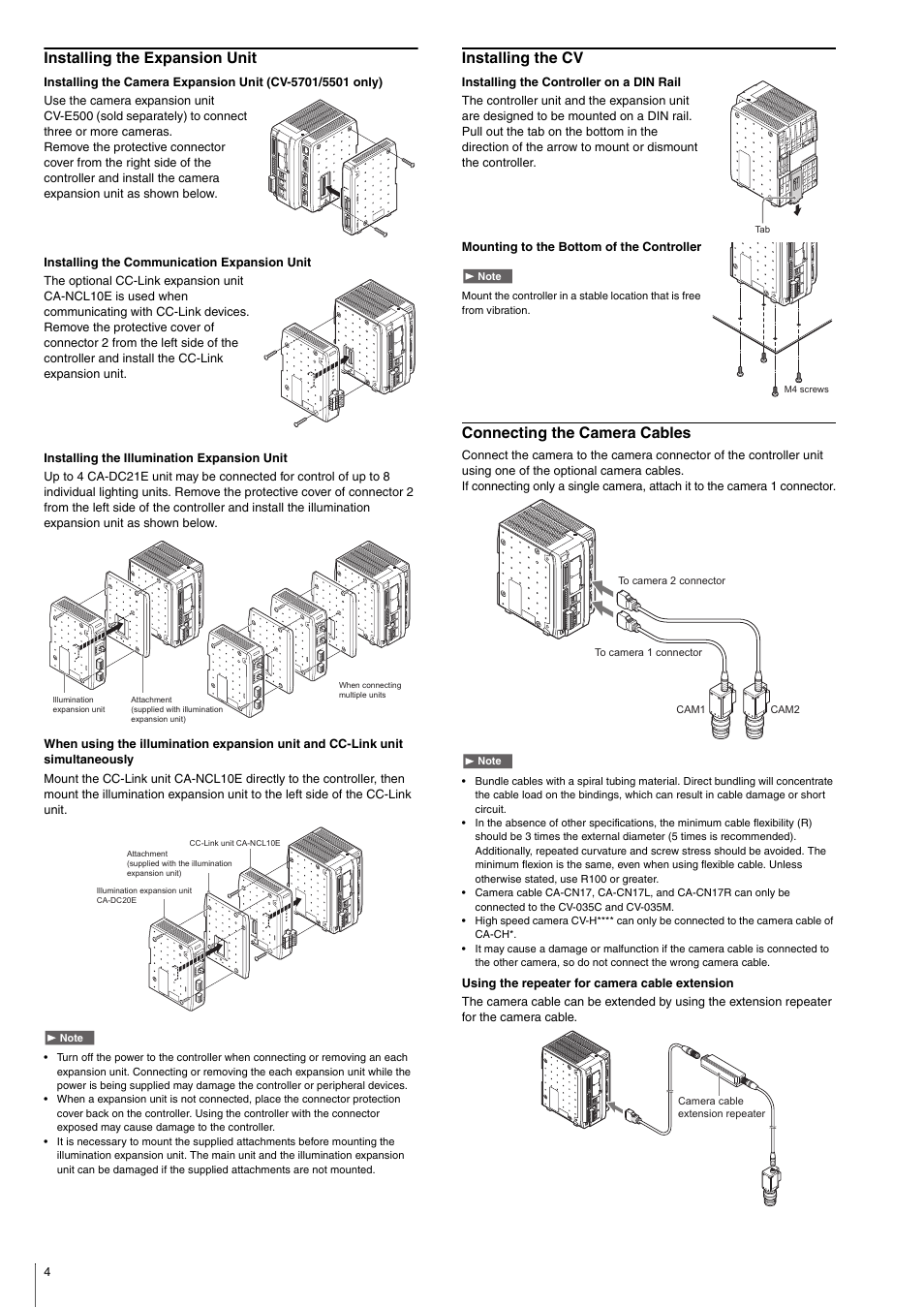 Installing the expansion unit, Installing the cv, Connecting the camera cables | KEYENCE CV-5001 Series User Manual | Page 4 / 8