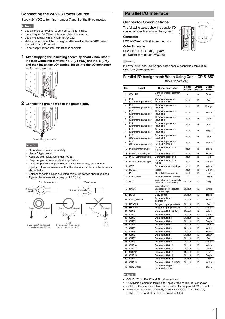 Connecting the 24 vdc power source, Parallel i/o interface, Connector specifications | Parallel i/o assignment: when using cable op-51657 | KEYENCE CV-5001 Series User Manual | Page 5 / 8