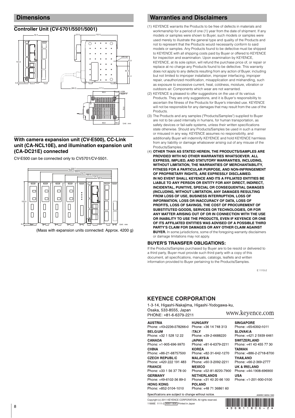 Dimensions, Controller unit (cv-5701/5501/5001), Warranties and disclaimers | Buyer's transfer obligations | KEYENCE CV-5001 Series User Manual | Page 8 / 8