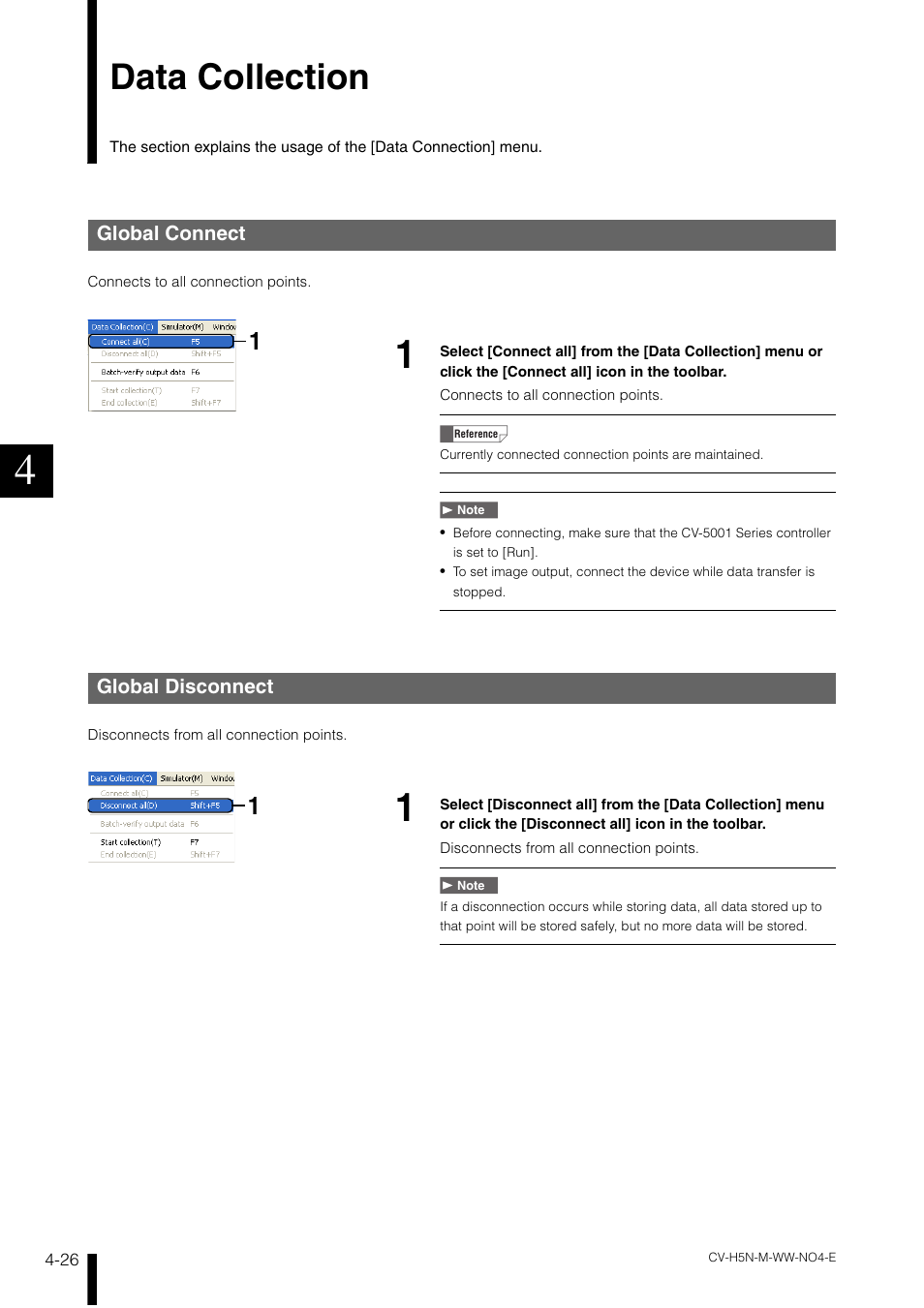 Data collection, Global connect, Global disconnect | Data collection -26, Global connect -26, Global disconnect -26 | KEYENCE CV-H5N User Manual | Page 110 / 178