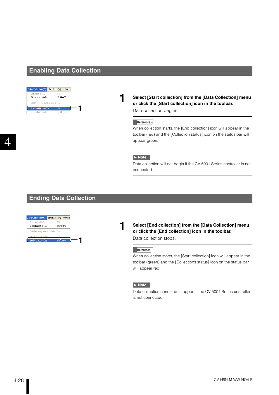 Enabling data collection, Ending data collection, Enabling data collection -28 | Ending data collection -28 | KEYENCE CV-H5N User Manual | Page 112 / 178