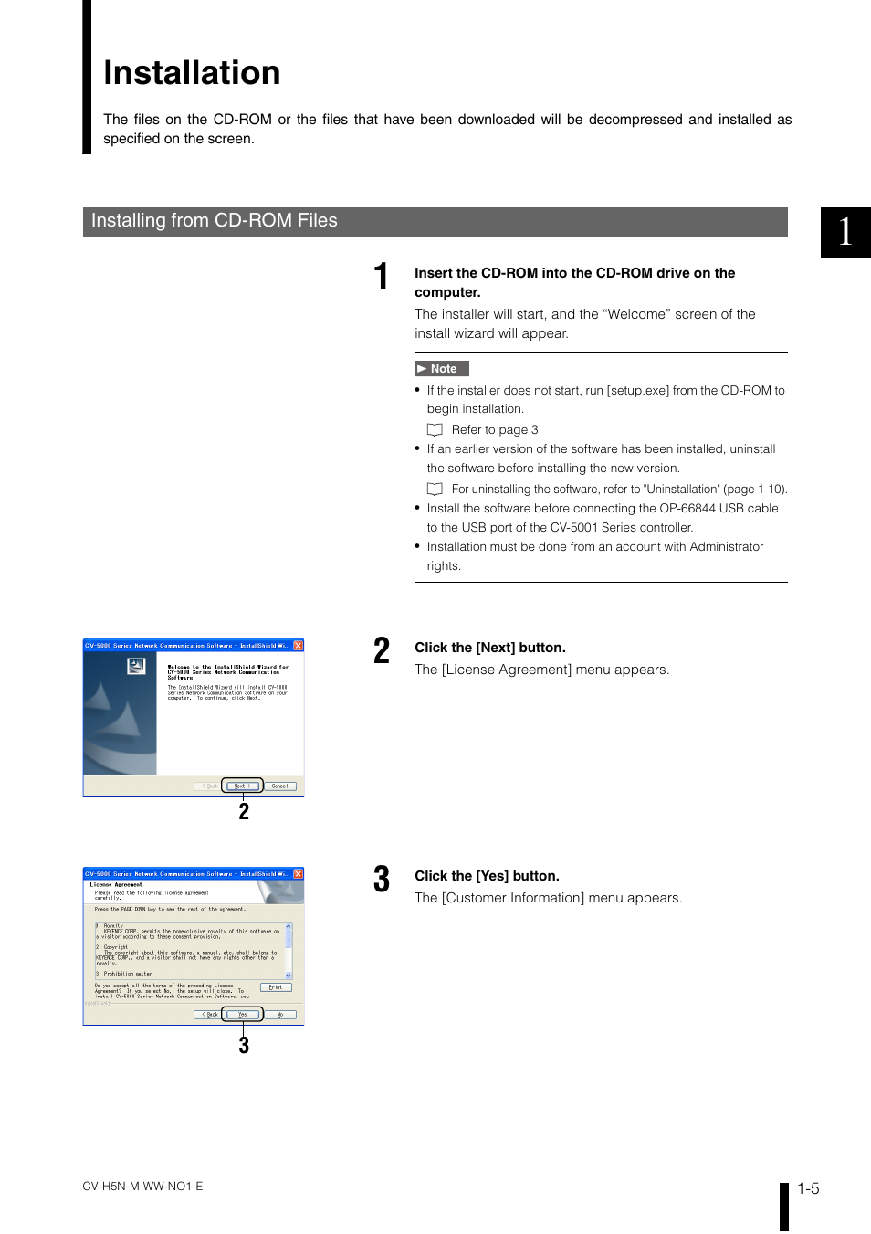 Installation, Installing from cd-rom files, Installation -5 | Installing from cd-rom files -5 | KEYENCE CV-H5N User Manual | Page 15 / 178