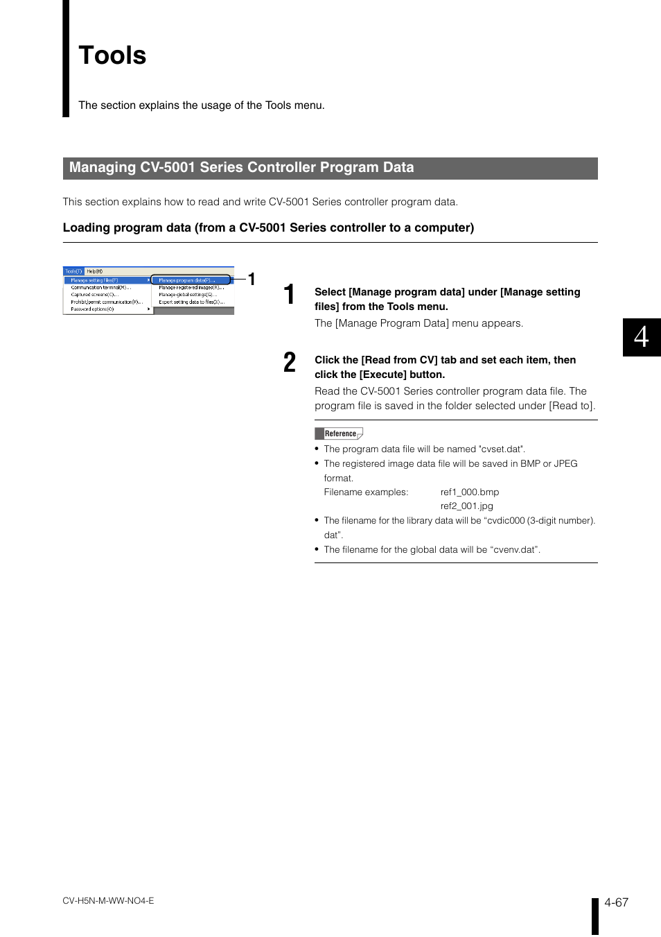 Tools, Managing cv-5001 series controller program data, Tools -67 | KEYENCE CV-H5N User Manual | Page 151 / 178