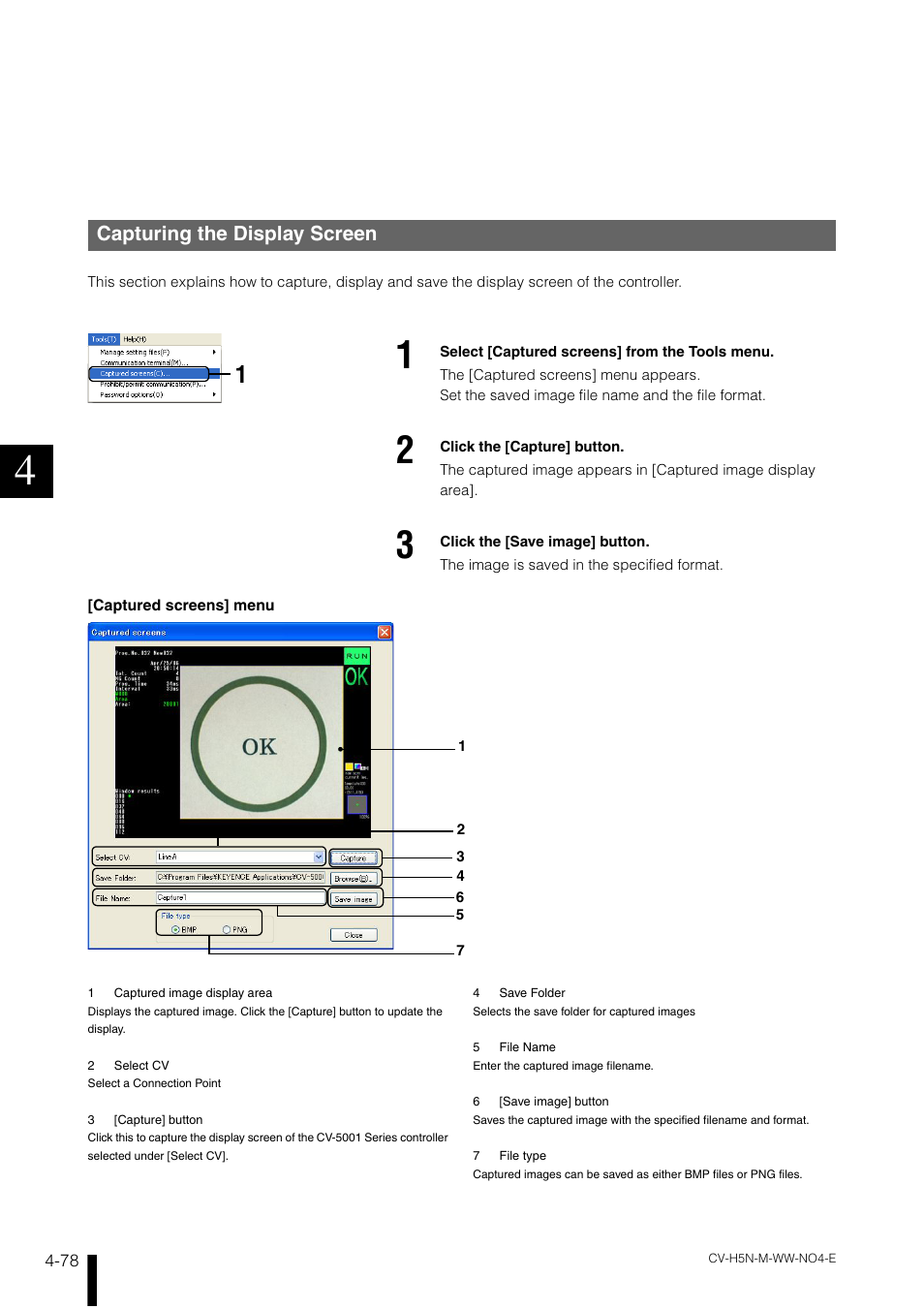 Capturing the display screen, Capturing the display screen -78 | KEYENCE CV-H5N User Manual | Page 162 / 178