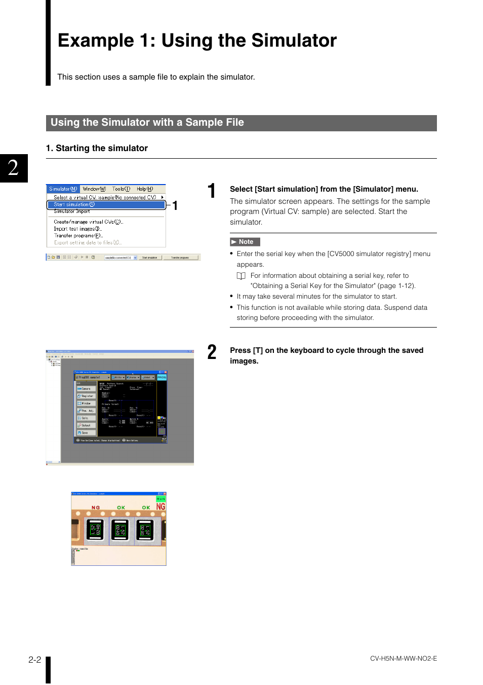 Example 1: using the simulator, Using the simulator with a sample file, Example 1: using the simulator -2 | Using the simulator with a sample file -2 | KEYENCE CV-H5N User Manual | Page 26 / 178