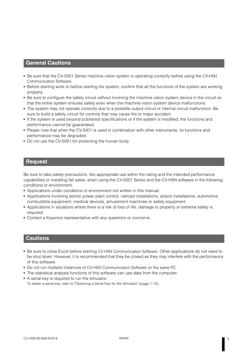 General cautions, Request, Cautions | KEYENCE CV-H5N User Manual | Page 3 / 178