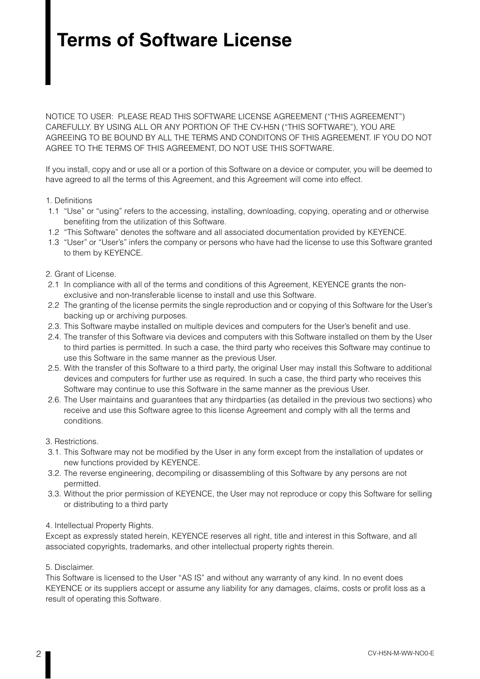 Terms of software license | KEYENCE CV-H5N User Manual | Page 4 / 178