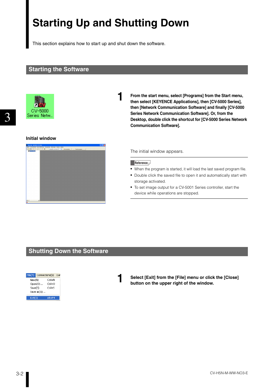 Starting up and shutting down, Starting the software, Shutting down the software | Starting up and shutting down -2, Starting the software -2, Shutting down the software -2 | KEYENCE CV-H5N User Manual | Page 66 / 178