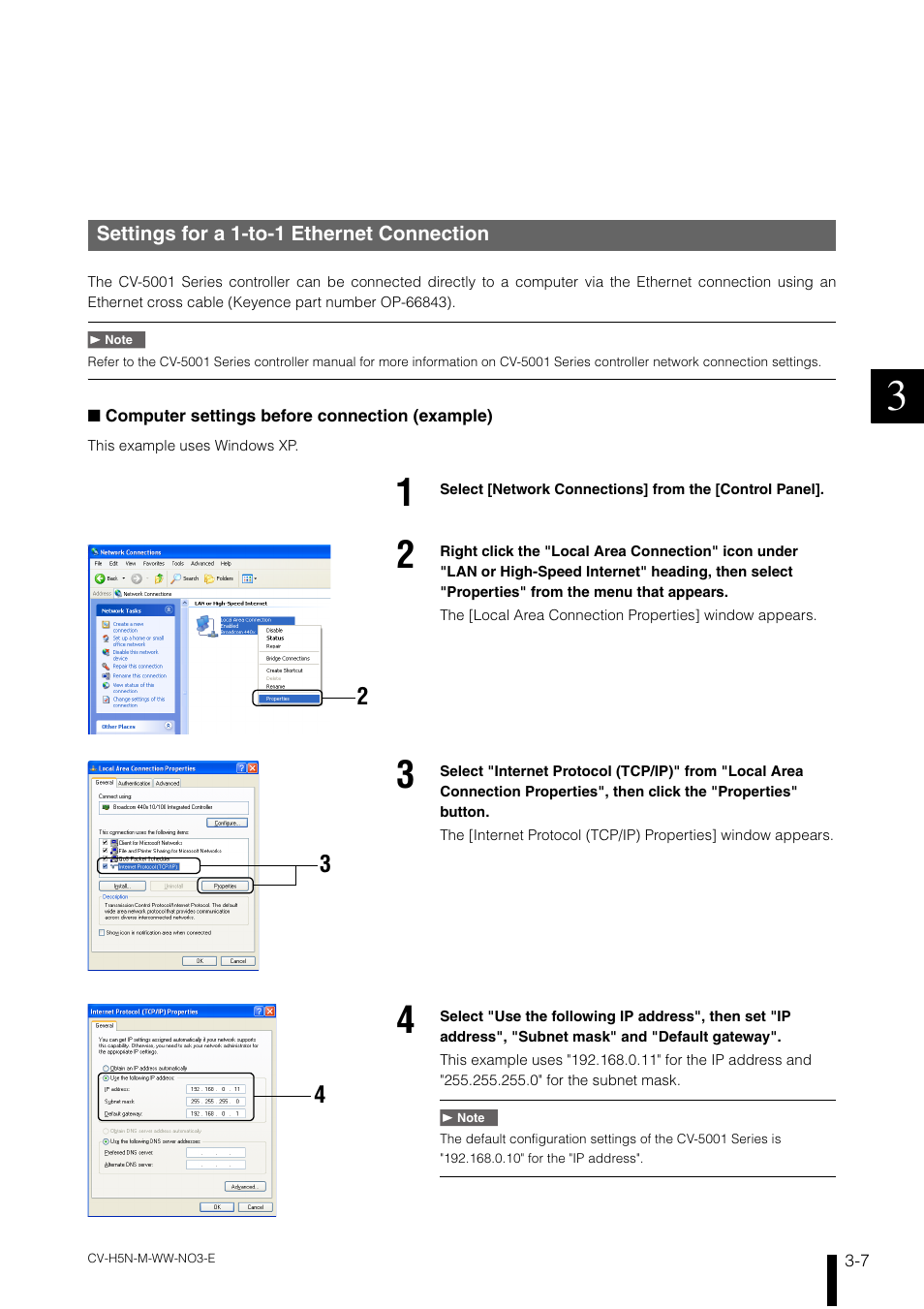 Settings for a 1-to-1 ethernet connection, Settings for a 1-to-1 ethernet connection -7 | KEYENCE CV-H5N User Manual | Page 71 / 178