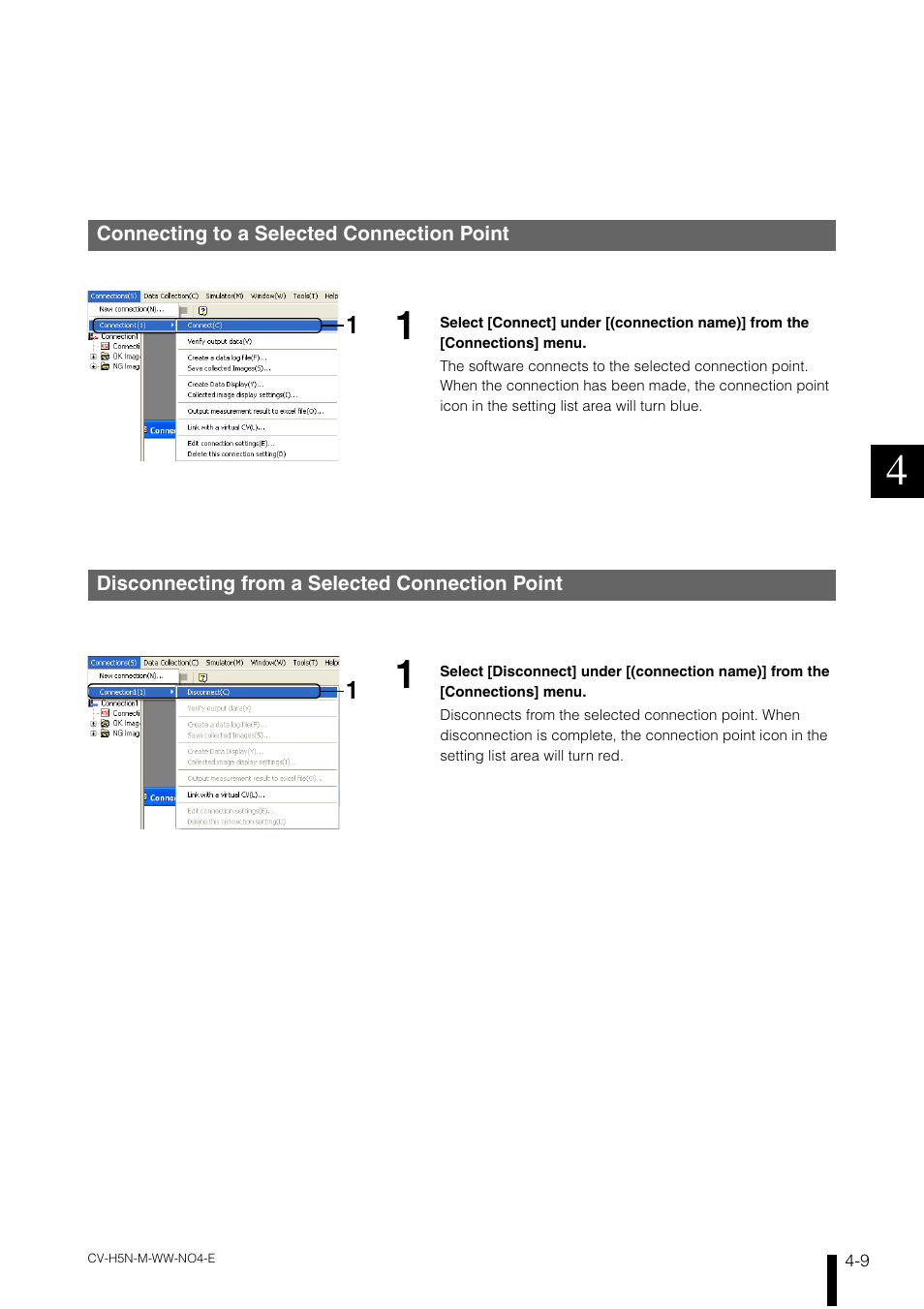 Connecting to a selected connection point, Disconnecting from a selected connection point, Connecting to a selected connection point -9 | Disconnecting from a selected connection point -9 | KEYENCE CV-H5N User Manual | Page 93 / 178