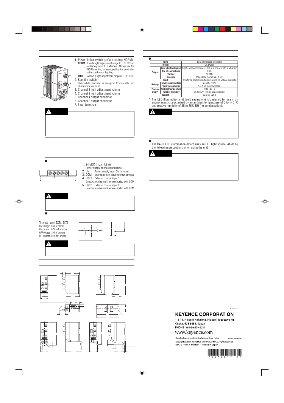 Part names and functions, Dimensions, Specifications | KEYENCE CA-DC100 User Manual | Page 2 / 2