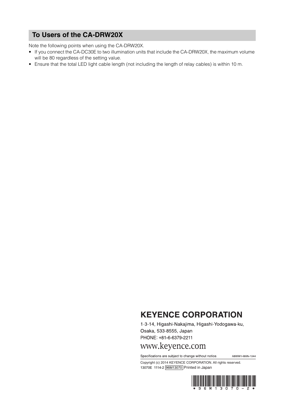 To users of the ca-drw20x | KEYENCE CA-DRW(X) Series User Manual | Page 2 / 2