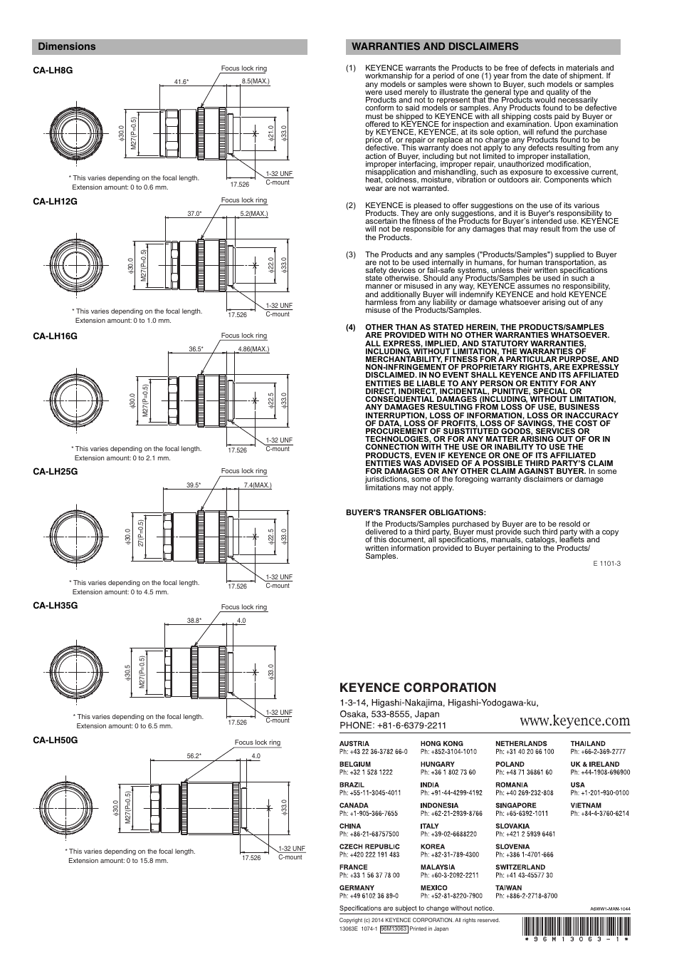 Dimensions, Warranties and disclaimers | KEYENCE CA-LH(G) Series User Manual | Page 2 / 2