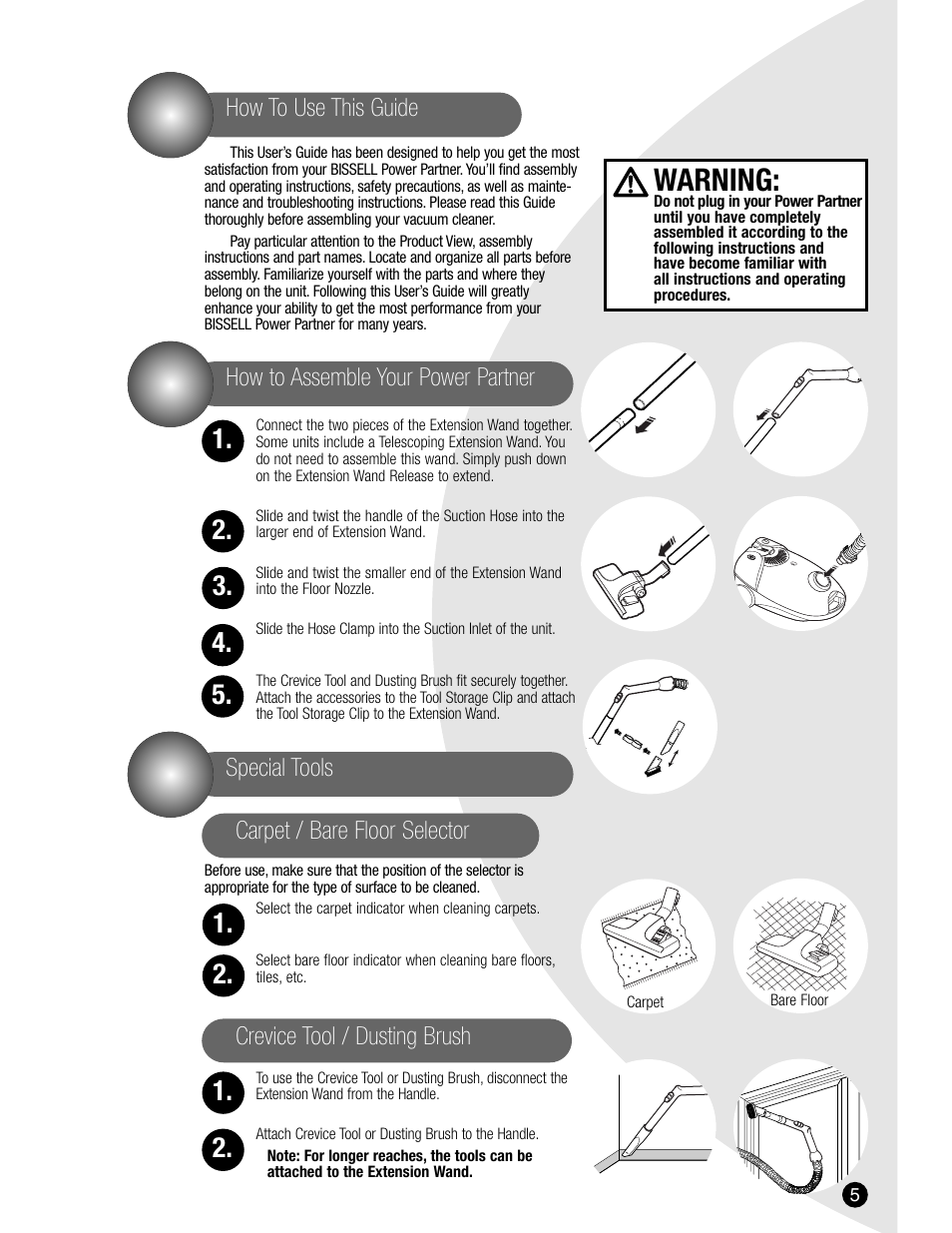 Warning, How to use this guide, How to assemble your power partner | Bissell 6800 User Manual | Page 5 / 8