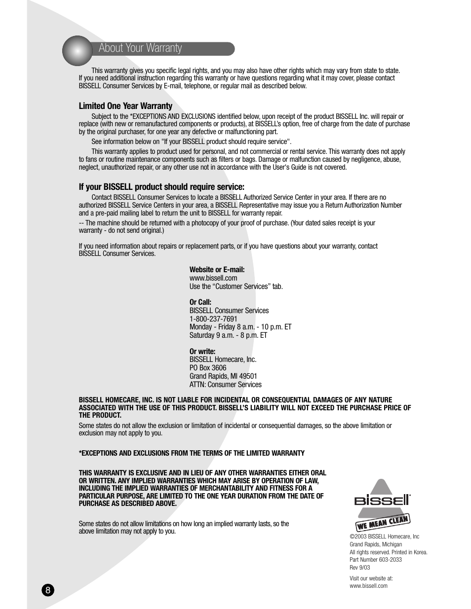 About your warranty | Bissell 6800 User Manual | Page 8 / 8