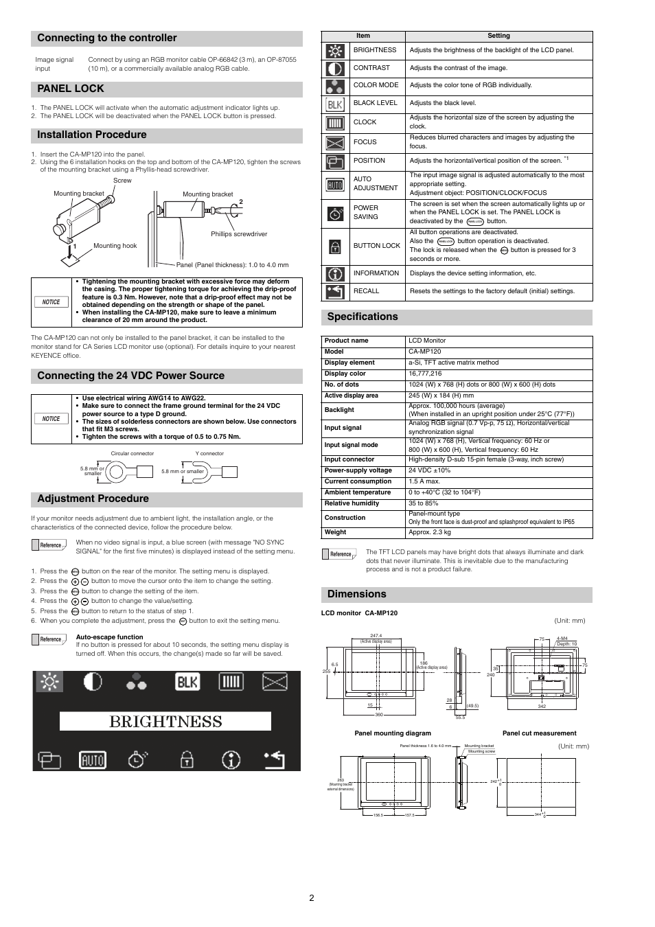 Connecting to the controller, Panel lock, Installation procedure | Connecting the 24 vdc power source, Adjustment procedure, Specifications, Dimensions, Panel lock installation procedure | KEYENCE CA-MP120 User Manual | Page 2 / 4