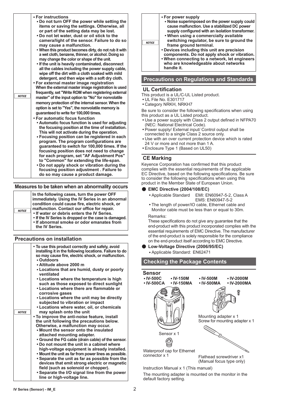 Measures to be taken when an abnormality occurs, Precautions on installation, Precautions on regulations and standards | Ul certification, Ce marking, Checking the package contents | KEYENCE IV Series User Manual | Page 2 / 10