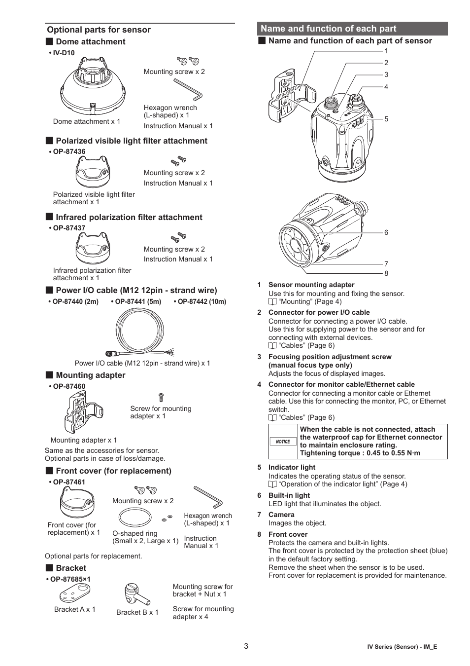 Optional parts for sensor, Dome attachment, Polarized visible light filter attachment | Infrared polarization filter attachment, Power i/o cable (m12 12pin - strand wire), Mounting adapter, Front cover (for replacement), Name and function of each part, Name and function of each part of sensor | KEYENCE IV Series User Manual | Page 3 / 10