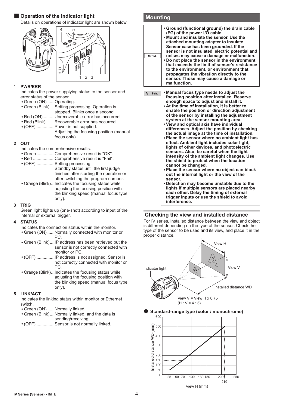 Operation of the indicator light, Mounting, Checking the view and installed distance | KEYENCE IV Series User Manual | Page 4 / 10