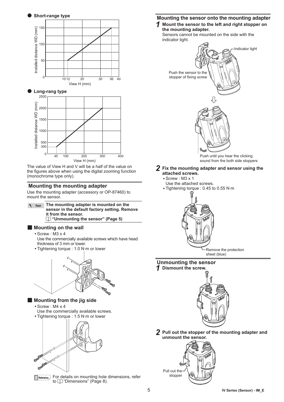 Mounting the mounting adapter, Mounting on the wall, Mounting from the jig side | Mounting the sensor onto the mounting adapter, Unmounting the sensor | KEYENCE IV Series User Manual | Page 5 / 10
