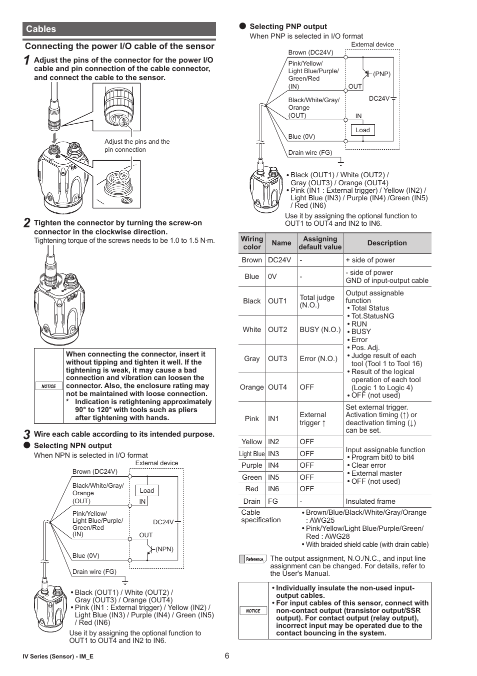 Cables, Connecting the power i/o cable of the sensor | KEYENCE IV Series User Manual | Page 6 / 10