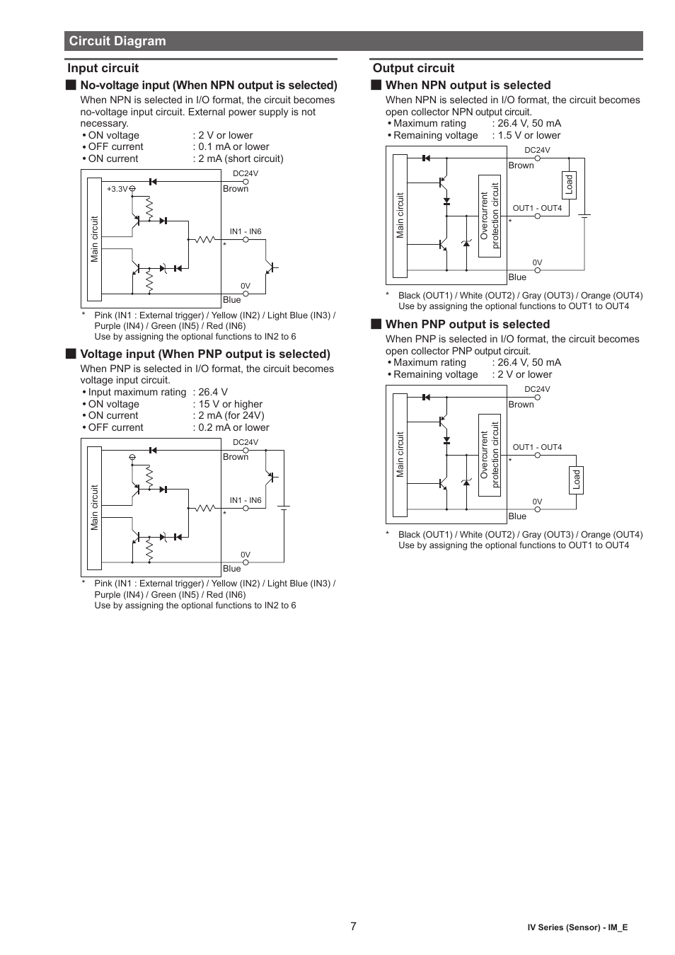 Circuit diagram, Input circuit, No-voltage input (when npn output is selected) | Voltage input (when pnp output is selected), Output circuit, When npn output is selected, When pnp output is selected | KEYENCE IV Series User Manual | Page 7 / 10