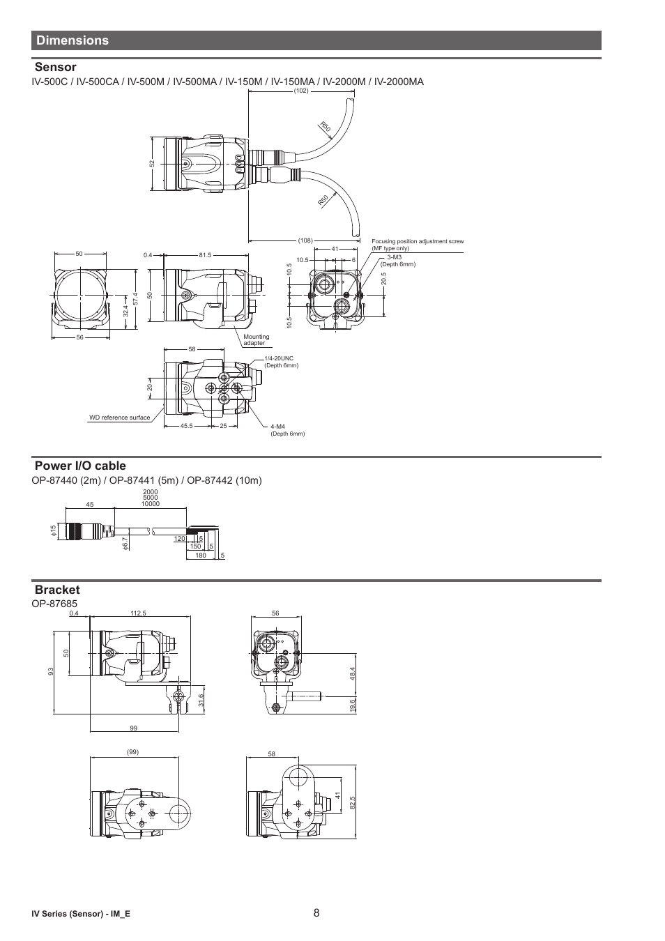 Sensor, Dimensions, Power i/o cable | Bracket | KEYENCE IV Series User Manual | Page 8 / 10