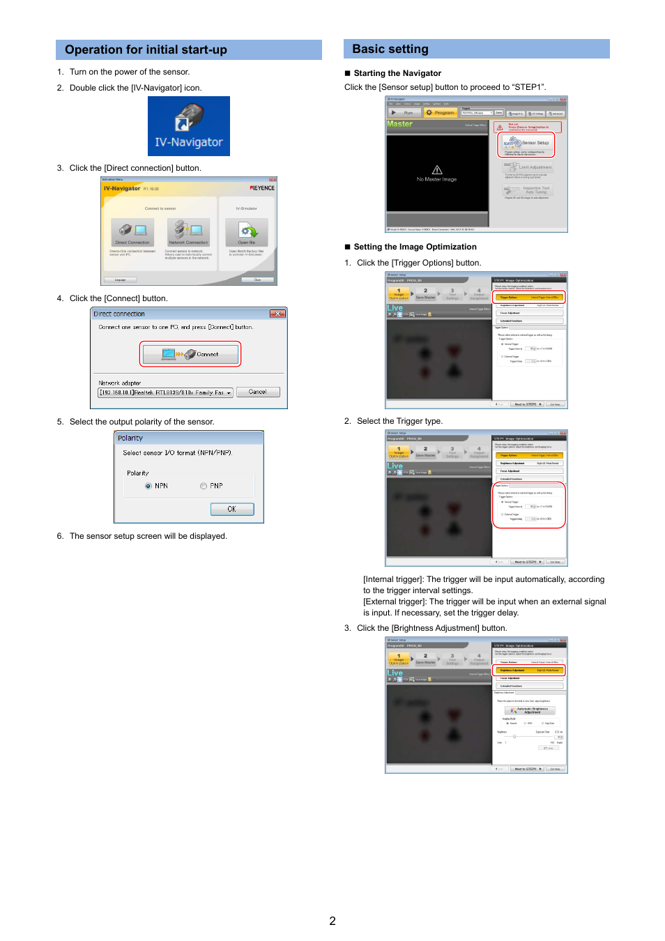 Operation for initial start-up, Basic setting | KEYENCE IV Series User Manual | Page 2 / 5