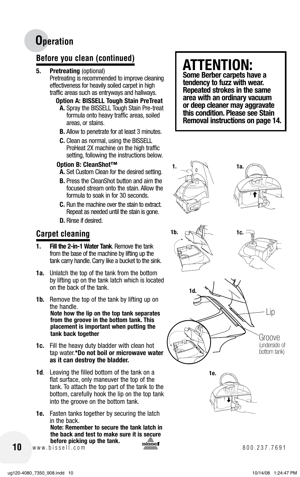 Attention, Peration, Lip groove | Before you clean (continued), Carpet cleaning | Bissell 9500 User Manual | Page 10 / 24