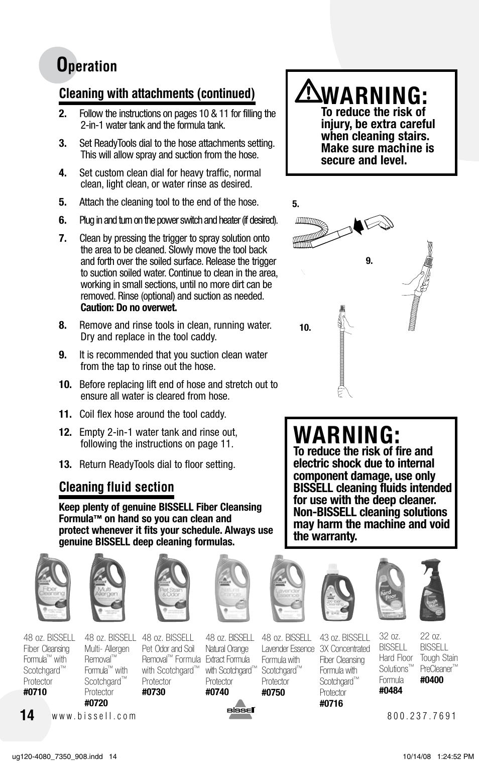 Warning, Peration, Cleaning with attachments (continued) | Bissell 9500 User Manual | Page 14 / 24