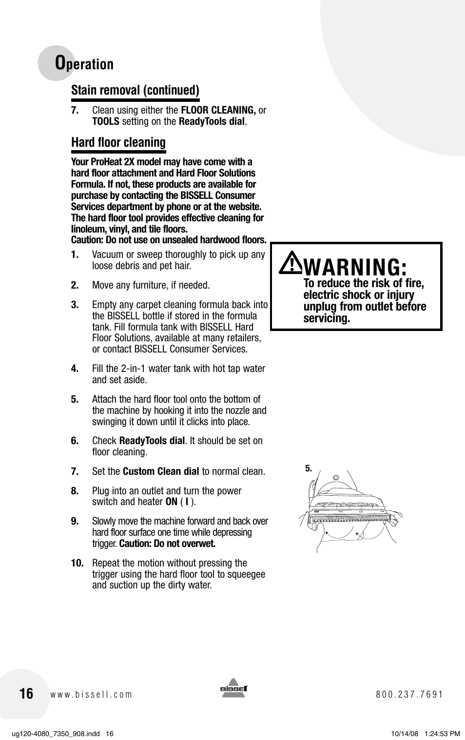 Warning, Peration, Stain removal (continued) | Hard floor cleaning | Bissell 9500 User Manual | Page 16 / 24