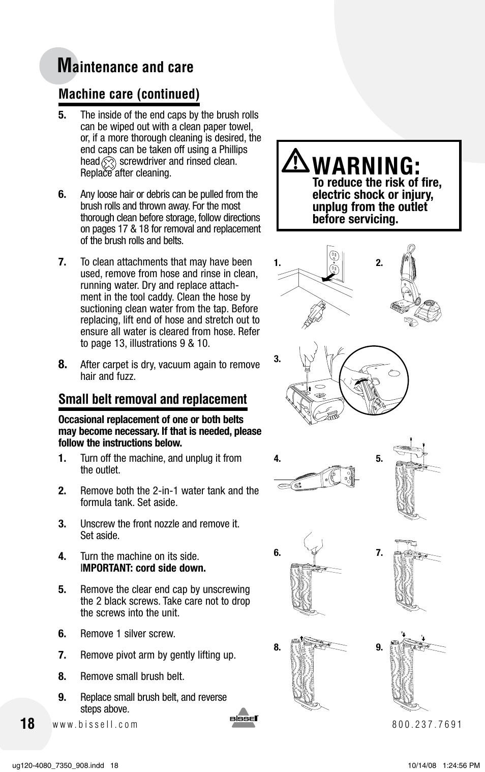 Warning, Aintenance and care, Machine care (continued) | Small belt removal and replacement | Bissell 9500 User Manual | Page 18 / 24