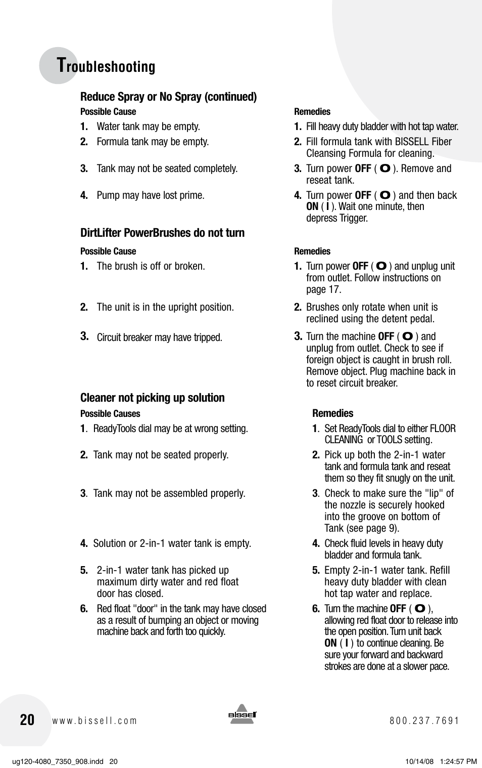 Roubleshooting | Bissell 9500 User Manual | Page 20 / 24