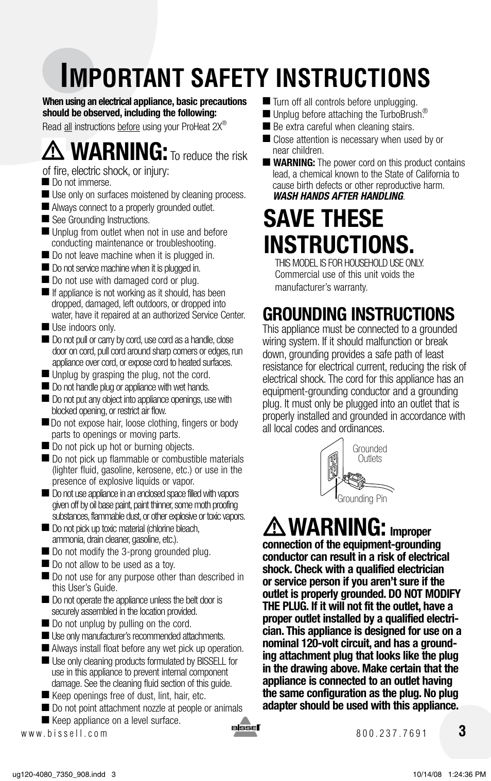 Mportant safety instructions, Warning, Save these instructions | Grounding instructions | Bissell 9500 User Manual | Page 3 / 24