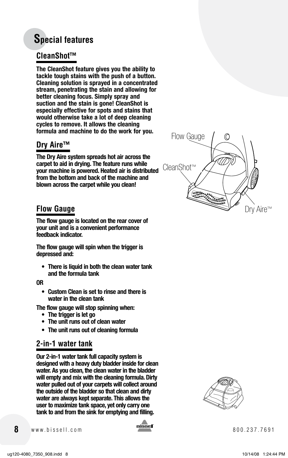 Pecial features cleanshot, Cleanshot, Dry aire | Flow gauge, In-1 water tank | Bissell 9500 User Manual | Page 8 / 24